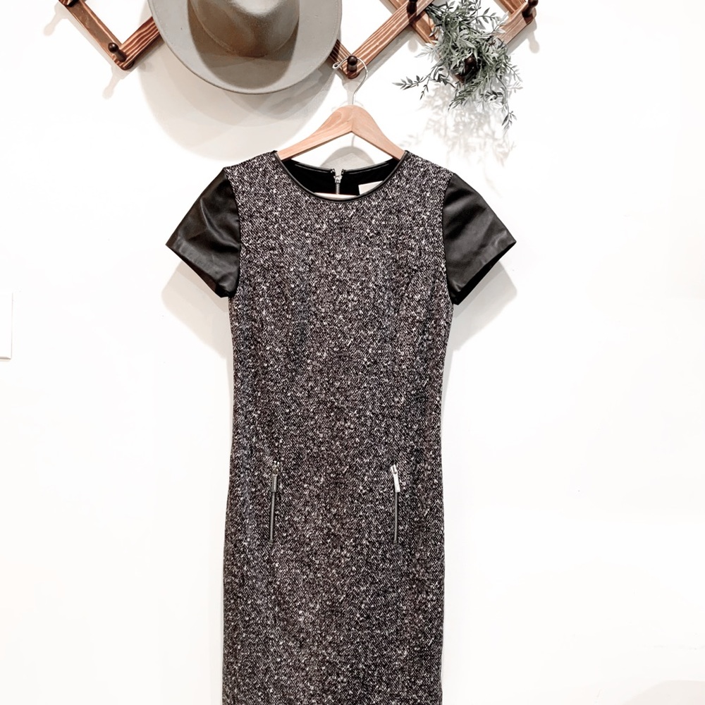 MICHAEL KORS Leather Sleeve Tweed Dress Size 2 - Picture 2 of 10